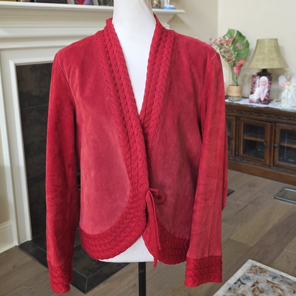 Coldwater Creek Red Suede Leather Cable Knit Jacket Size Large L - Picture 1 of 16